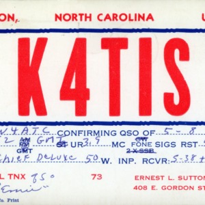 QSL Card from K4TIS, Kinston, N.C., to W4ATC, NC State Student Amateur Radio