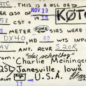 QSL Card from K0TGT, Janesville, Iowa, to W4ATC, NC State Student Amateur Radio