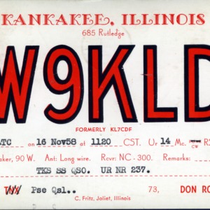 QSL Card from W9KLD, Kankakee, Ill., to W4ATC, NC State Student Amateur Radio