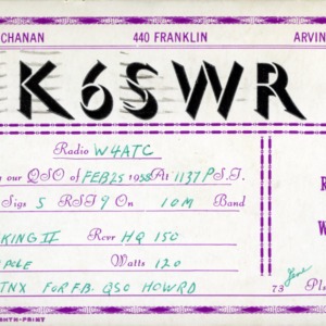 QSL Card from K6SWR, Arvin, Calif, to W4ATC, NC State Student Amateur Radio