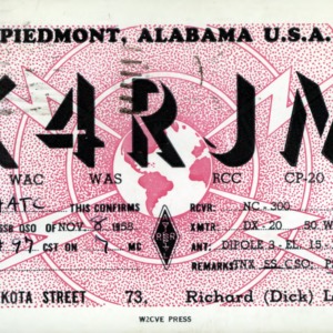 QSL Card from K4RJM, Piedmont, Ala., to W4ATC, NC State Student Amateur Radio