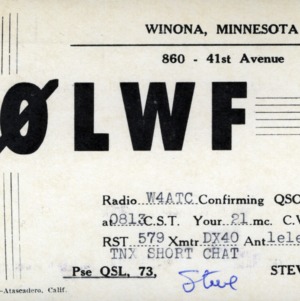 QSL Card from K0LWF, Winona, Minn., to W4ATC, NC State Student Amateur Radio