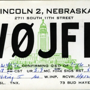 QSL Card from W0JFN, Lincoln, Neb., to W4ATC, NC State Student Amateur Radio