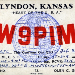 QSL Card from W9PIM, Lyndon, Kan., to W4ATC, NC State Student Amateur Radio