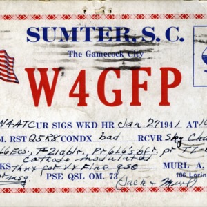 QSL Card from W4GFP, Sumter, S.C., to W4ATC, NC State Student Amateur Radio