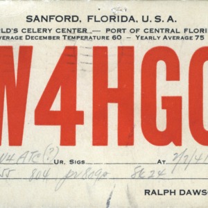 QSL Card from W4HG0, Sanford, Fla., to W4ATC, NC State Student Amateur Radio