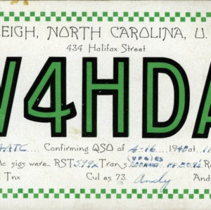 QSL Card from W4HDA, Raleigh, N.C., to W4ATC, NC State Student Amateur Radio