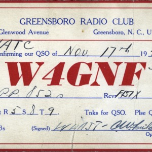 QSL Card from W4GNF, Greensboro, N.C., to W4ATC, NC State Student Amateur Radio