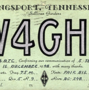 QSL Card from W4GHL, Kingsport, Tenn., to W4ATC, NC State Student Amateur Radio