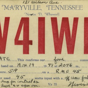 QSL Card from W4IWN, Maryville, Tenn., to W4ATC, NC State Student Amateur Radio
