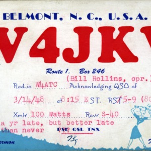 QSL Card from W4JKV, Belmont, N.C., to W4ATC, NC State Student Amateur Radio