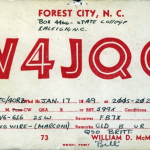 QSL Card from W4JQO, Forest City, N.C., to W4ATC, NC State Student Amateur Radio
