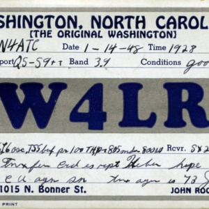 QSL Card from W4LR, Washington, N.C., to W4ATC, NC State Student Amateur Radio