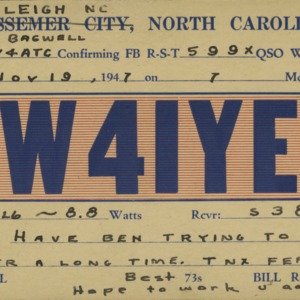 QSL Card from W4IYE, Raleigh, N.C., to W4ATC, NC State Student Amateur Radio