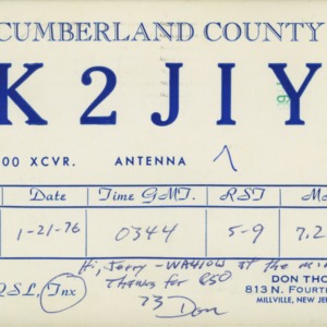 QSL Card from K2JIY, Millville, N.J., to W4ATC, NC State Student Amateur Radio