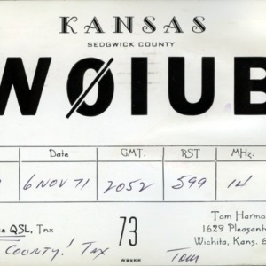 QSL Card from W0IUB, Wichita, Kan., to W4ATC, NC State Student Amateur Radio