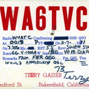 QSL Card from WA6TVC, Bakersfield, Calif., to W4ATC, NC State Student Amateur Radio