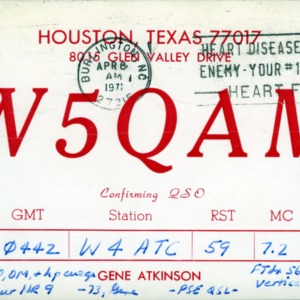 QSL Card from W5QAM, Houston, Tex., to W4ATC, NC State Student Amateur Radio