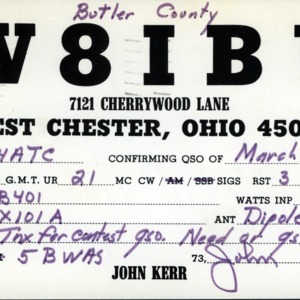 QSL Card from W8IBU, West Chester, Ohio, to W4ATC, NC State Student Amateur Radio