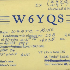 QSL Card from W6YQS, San Francisco, Calif., to W4ATC, NC State Student Amateur Radio