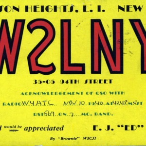 QSL Card from W2LNY, Jackson Heights, Long Island, N.Y., to W4ATC, NC State Student Amateur Radio