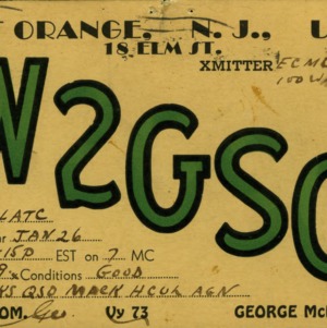 QSL Card from W2GSQ, West Orange, N.J., to W4ATC, NC State Student Amateur Radio