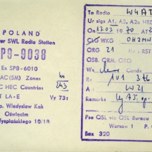 QSL Card from W4ATC, Warsaw, Poland, to W4ATC, NC State Student Amateur Radio
