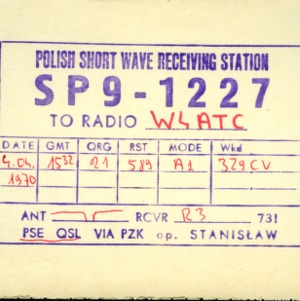 QSL Card from SP9-1227, Stanislaw, Poland, to W4ATC, NC State Student Amateur Radio
