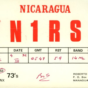 QSL Card from YN1RSJ, Managua, Nicaragua, to W4ATC, NC State Student Amateur Radio