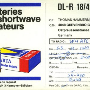 QSL Card from DL-R 18/42153, Grevenbroich, Germany, to W4ATC, NC State Student Amateur Radio