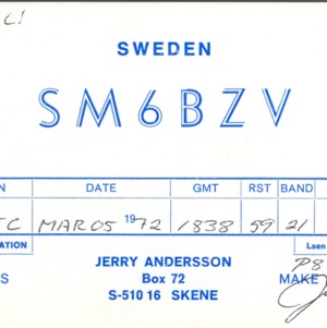 QSL Card from SM6BZV, Skene, Sweden, to W4ATC, NC State Student Amateur Radio