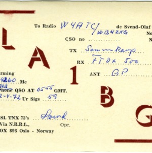 QSL Card from LA1BG, Notteroy, Norway, to W4ATC, NC State Student Amateur Radio