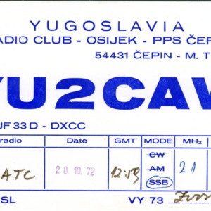 QSL Card from YU2CAW, Osijek, Croatia, to W4ATC, NC State Student Amateur Radio