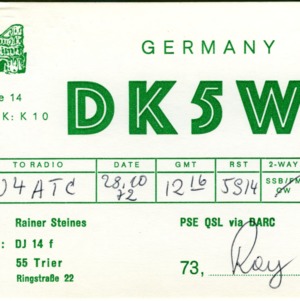 QSL Card from DK5WE, Germany, to W4ATC, NC State Student Amateur Radio
