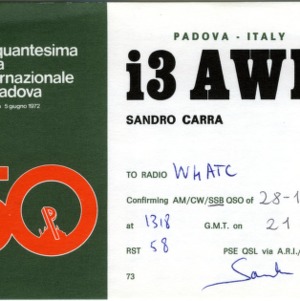 QSL Card from i3AWK, Padova, Italy, to W4ATC, NC State Student Amateur Radio