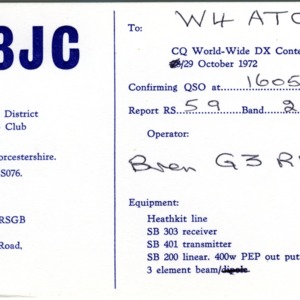 QSL Card from G8JC, Worcester, England, to W4ATC, NC State Student Amateur Radio