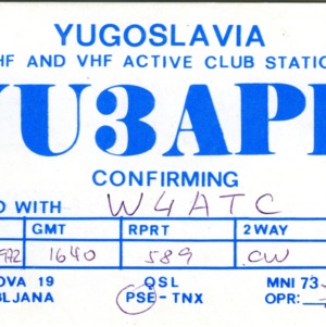 QSL Card from YU3APR, Ljubljana Yugoslavia, to W4ATC, NC State Student Amateur Radio