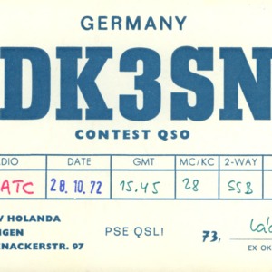 QSL Card from DK3SN, Ladislav Holanda, to W4ATC, NC State Student Amateur Radio