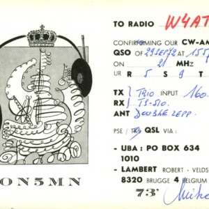 QSL Card from ON5MN, Brugge, Belgium, to W4ATC, NC State Student Amateur Radio