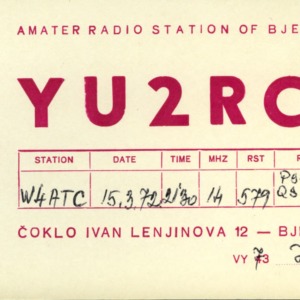 QSL Card from YU2RCT, Yugoslavia, to W4ATC, NC State Student Amateur Radio