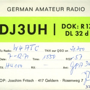 QSL Card from DJ3UH, Geldern, Germany, to W4ATC, NC State Student Amateur Radio