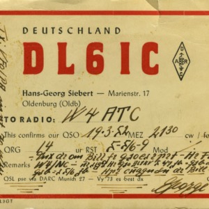 QSL Card from DL6IC, Munich, Germany, to W4ATC, NC State Student Amateur Radio