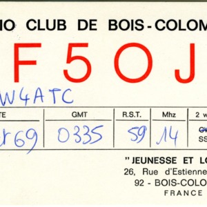 QSL Card from F5OJ, Bois-Colombes, France, to W4ATC, NC State Student Amateur Radio
