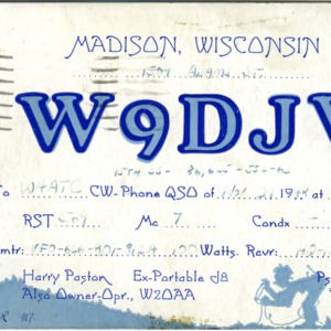 QSL Card from W9DJV, Madison, Wis., to W4ATC, NC State Student Amateur Radio