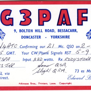 QSL Card from G3PAF, Yorkshire, England, to W4ATC, NC State Student Amateur Radio