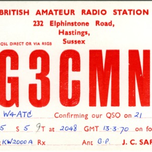 QSL Card from G3CMN, Sussex, England, to W4ATC, NC State Student Amateur Radio