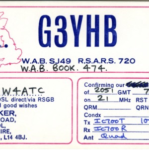 QSL Card from G3YHB, Lancashire, England, to W4ATC, NC State Student Amateur Radio