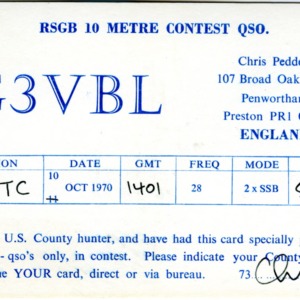 QSL Card from G3VBL, Preston, England, to W4ATC, NC State Student Amateur Radio