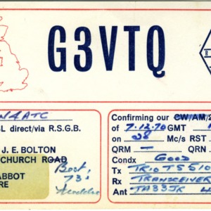 QSL Card from G3VTQ, Devonshire, England, to W4ATC, NC State Student Amateur Radio