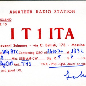QSL Card from IT1ITA, Messina, Italy, to W4ATC, NC State Student Amateur Radio